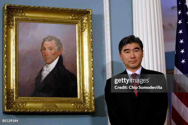 Sun Kim looks on during a news briefing where U.S. Secretary of State Hillary Clinton announced the appointment of Ambassador Stephen Bosworth as the...