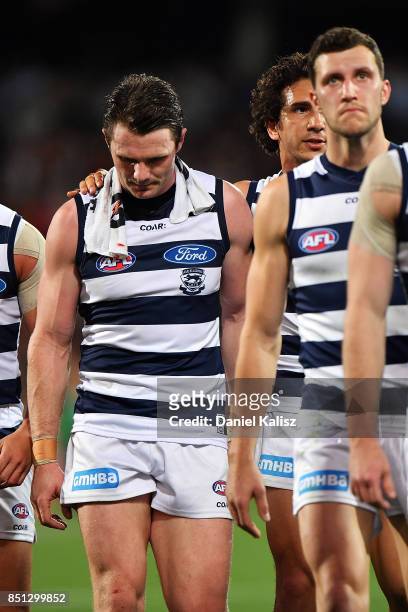 Patrick Dangerfield of the Cats walks from the field looking dejected at half time during the First AFL Preliminary Final match between the Adelaide...
