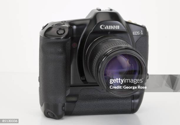 Japanese-made Canon EOS-1 35mm SLR film camera with a 135mm f2.8 soft focus lens is seen in this 2009 Healdsburg, California, studio photo.