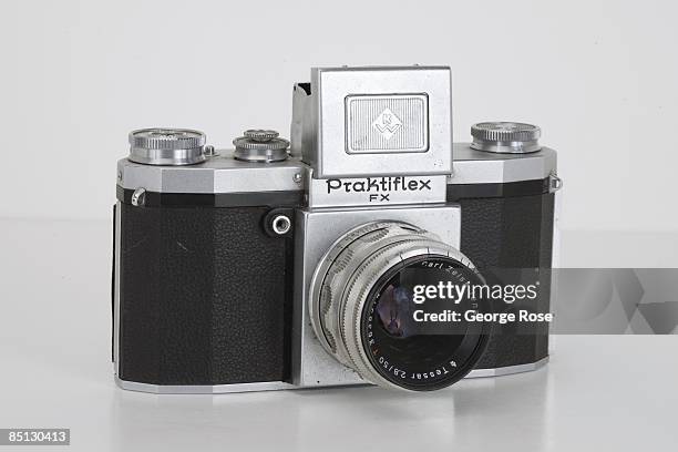 German-made Praktiflex FX roll film rangefinder camera with a Zeiss Jena Tessar 50mm f2.8 lens is seen in this 2009 Healdsburg, California, studio...