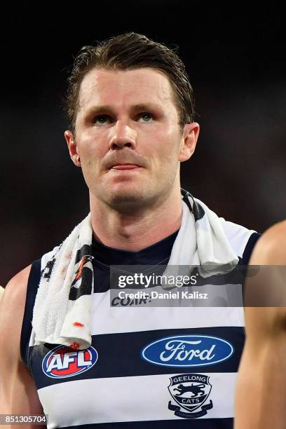 Patrick Dangerfield of the Cats walks from the field at half time during the First AFL Preliminary Final match between the Adelaide Crows and the...