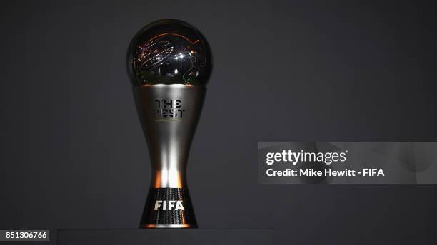 View of The Best FIFA Football Awards trophy prior to The Best FIFA Football Awards 2017 press conference at The Bloomsbury Ballroom on September 22,...