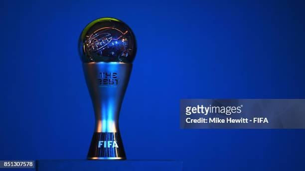 View of The Best FIFA Football Awards trophy prior to The Best FIFA Football Awards 2017 press conference at The Bloomsbury Ballroom on September 22,...