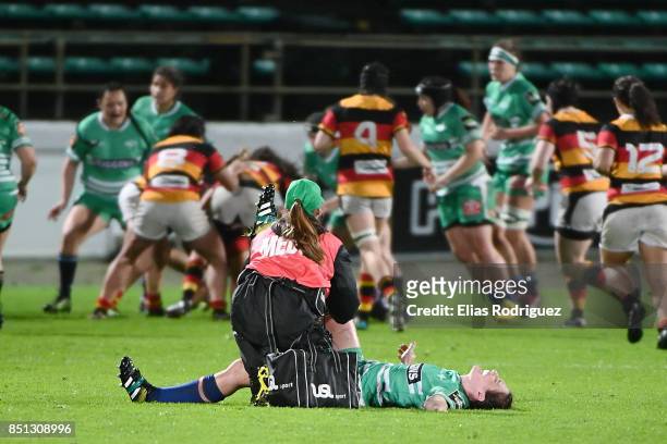 Nicole Dickins of Manawatu getting medical attention during the round four Farah Palmer Cup match between Manawatu and Waikato at Central Energy...