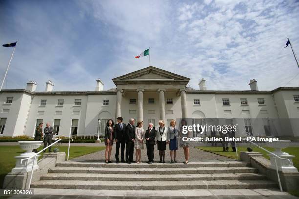 President of Ireland Michael D Higgins chats with Caroline Kennedy with Rose , John, Edwin Schlossberg, Sabina Higgins, Mary Higgins and Tatiana, the...