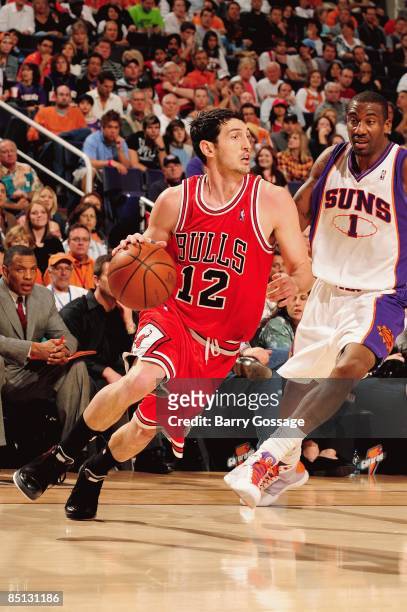 Kirk Hinirch of the Chicago Bulls drives past Amar'e Stoudemire of the Phoenix Suns during the game on January 31, 2009 at US Airways Center in...