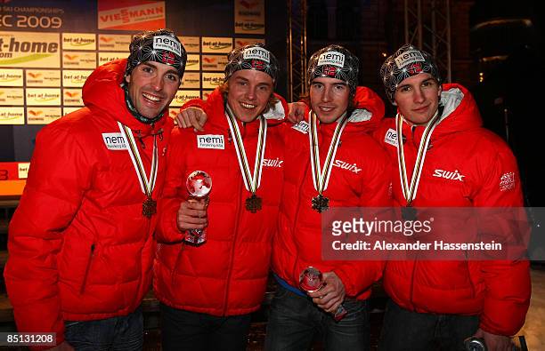 Magnus-H Moan, Mikko Kokslien, Petter Tande and Jan Schmid of Norway pose with the Bronze medals won during the 4X5KM Relay competition of the Nordic...