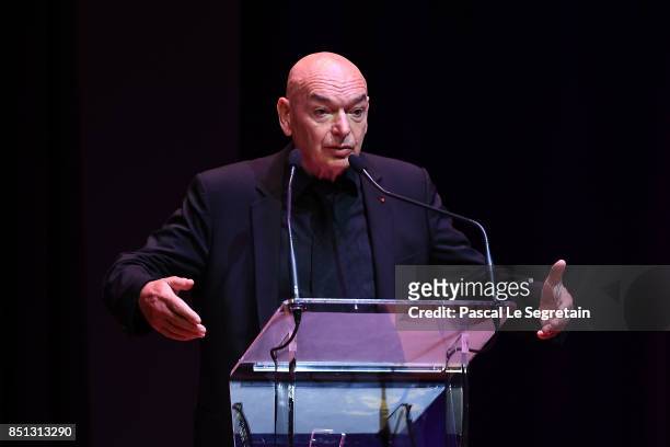 Jean Nouvel Architect of Louvre Abu Dhabi, delivers a speech during the press presentation of "Louvre Abu Dhabi" at Musee du Louvre on September 22,...