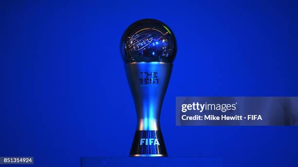 View of The Best FIFA Football Awards trophy prior to The Best FIFA Football Awards 2017 press conference at The Bloomsbury Ballroom on September 22,...