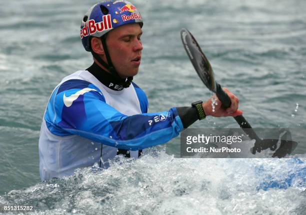 Joe Clarke of Stafford and Stone CC competes in Kayak Men during the British Canoeing 2017 British Open Slalom Championships at Lee Valley White...