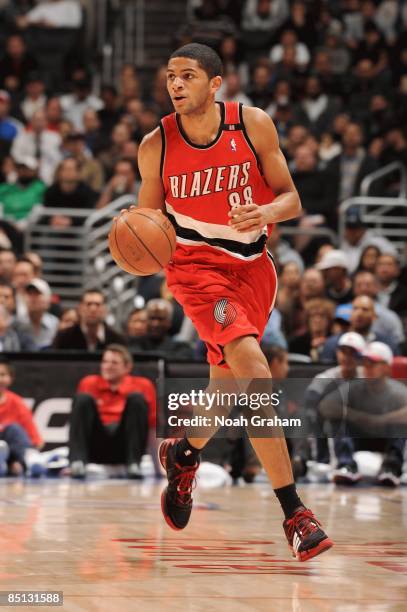 Nicolas Batum of the Portland Trail Blazers moves the ball against the Los Angeles Clippers during the game at Staples Center on January 26, 2009 in...