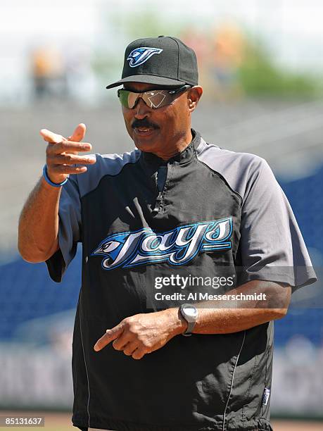 Manager Cito Gaston of the Toronto Blue Jays points during pre-game ceremonies before play against the Philadelphia Phillies February 26, 2009 at...