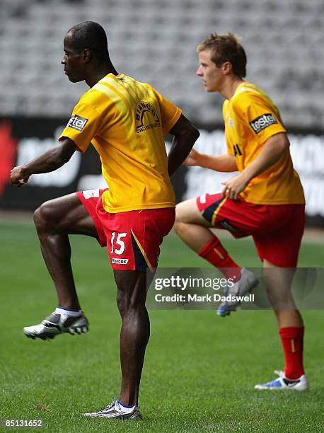 Jonas Salley of United warms up during an Adelaide United A-League training session at the Telstra Dome on February 27, 2009 in Melbourne, Australia.