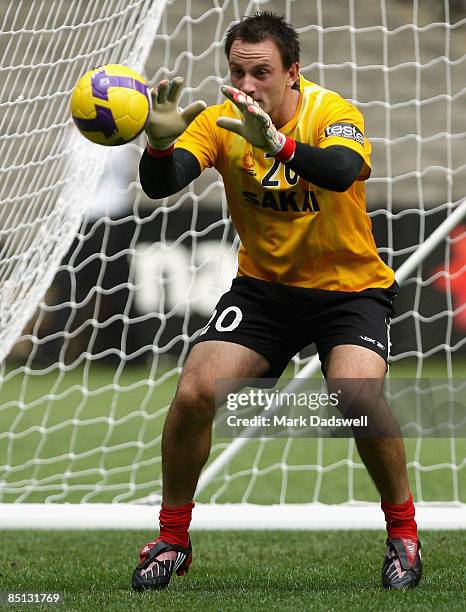 Eugene Galecovik of United makes a save during an Adelaide United A-League training session at the Telstra Dome on February 27, 2009 in Melbourne,...