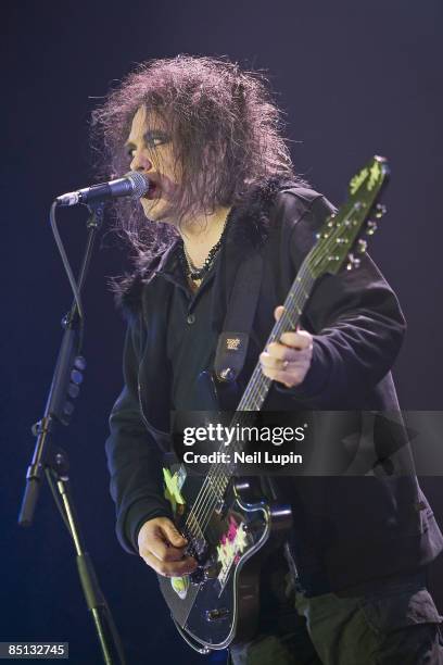 Robert Smith of The Cure performs at the O2 Arena on February 26, 2009 in London, England.