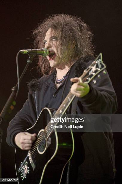 Robert Smith of The Cure performs at the O2 Arena on February 26, 2009 in London, England.