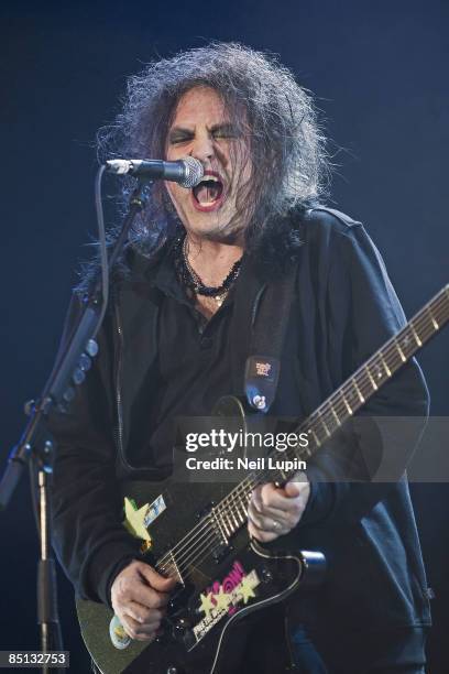 Robert Smith of The Cure performs at the O2 Arena on February 26, 2009 in London, England.