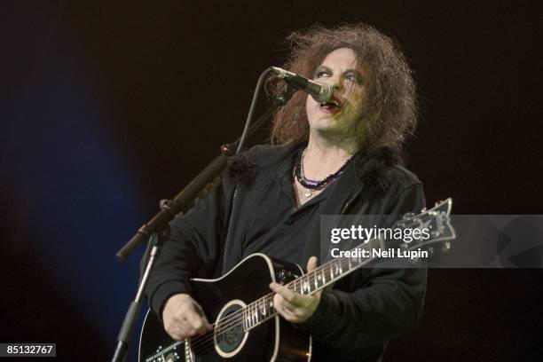 Robert Smith of The Cure performs at the O2 Arena on February 26, 2009 in London, England.