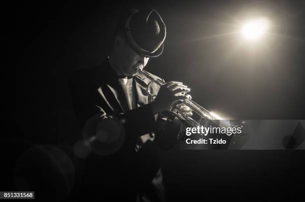 Trumpet player performing under a spotlight