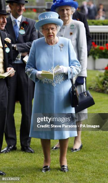 Queen Elizabeth II in the parade ring before the Diamond Jubilee Stakes during day five of the Royal Ascot meeting at Ascot Racecourse, Berkshire.