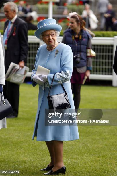 Queen Elizabeth II in the parade ring before the Diamond Jubilee Stakes during day five of the Royal Ascot meeting at Ascot Racecourse, Berkshire.