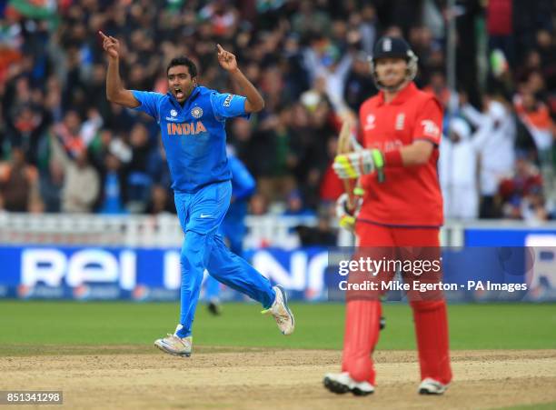 India's Ravichandran Ashwin celebrates the wicket of England's Joe Root during the ICC Champions Trophy Final at Edgbaston, Birmingham.