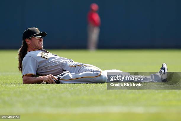 John Jaso of the Pittsburgh Pirates warms up prior to the start of the game against the Cincinnati Reds at Great American Ball Park on September 17,...