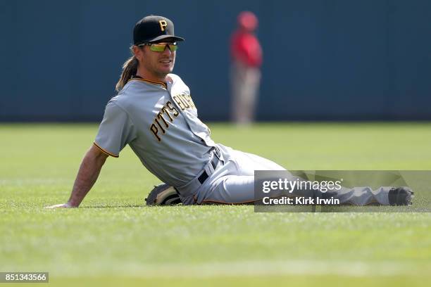 John Jaso of the Pittsburgh Pirates warms up prior to the start of the game against the Cincinnati Reds at Great American Ball Park on September 17,...