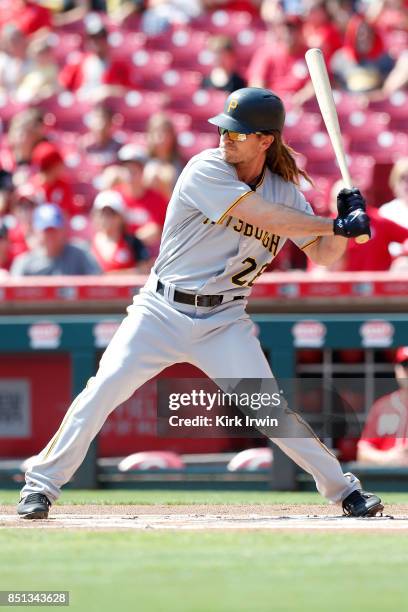 John Jaso of the Pittsburgh Pirates takes an at bat during the game against the Cincinnati Reds at Great American Ball Park on September 17, 2017 in...