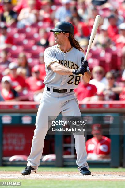 John Jaso of the Pittsburgh Pirates takes an at bat during the game against the Cincinnati Reds at Great American Ball Park on September 17, 2017 in...