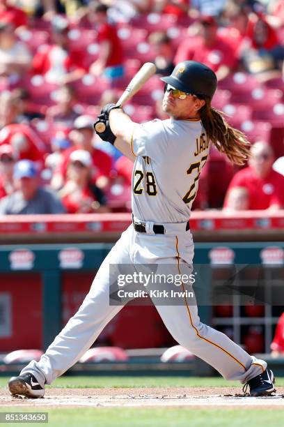 John Jaso of the Pittsburgh Pirates takes an at bat during the game against the Cincinnati Reds at Great American Ball Park on September 17, 2017 in...