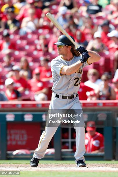 John Jaso of the Pittsburgh Pirates takes an at bat during the game against the Cincinnati Reds at Great American Ball Park on September 17, 2017 in...