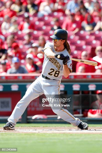 John Jaso of the Pittsburgh Pirates takes an at bat during the game against the Cincinnati Reds at Great American Ball Park on September 17, 2017 in...