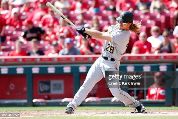 John Jaso of the Pittsburgh Pirates takes an at bat during the game against the Cincinnati Reds at Great American Ball Park on September 17, 2017 in...