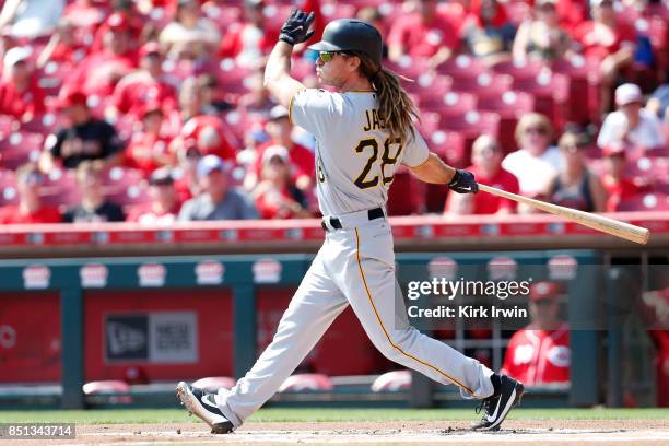 John Jaso of the Pittsburgh Pirates takes an at bat during the game against the Cincinnati Reds at Great American Ball Park on September 17, 2017 in...