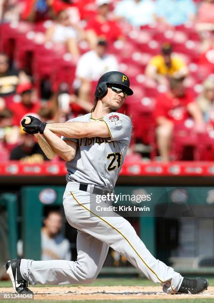 John Jaso of the Pittsburgh Pirates takes an at bat during the game against the Cincinnati Reds at Great American Ball Park on September 17, 2017 in...