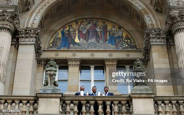 India's Shikhar Dhawan, Mahendra Singh Dhoni and Ravindra Jadeja during the ICC Champions Trophy Winners Photocall at Birmingham City Council,...