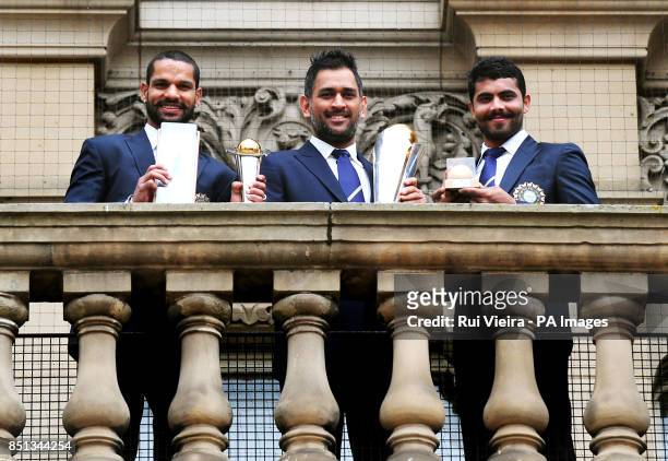 India's Shikhar Dhawan, Mahendra Singh Dhoni and Ravindra Jadeja during the ICC Champions Trophy Winners Photocall at Birmingham City Council,...