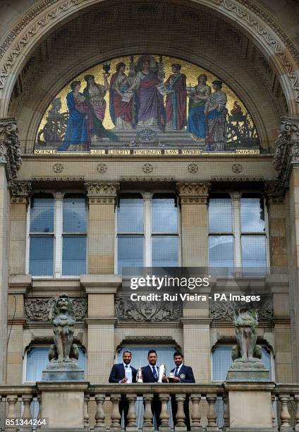 India's Shikhar Dhawan, Mahendra Singh Dhoni and Ravindra Jadeja during the ICC Champions Trophy Winners Photocall at Birmingham City Council,...