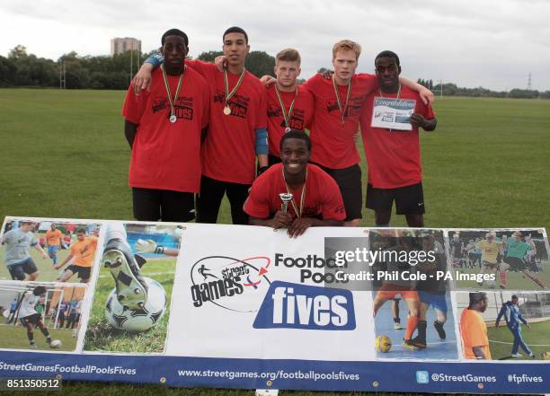 Runners up in Street Games Football Pools Fives regional finals on London's Hackney Marshes.The programme takes football to underpriveleged young...