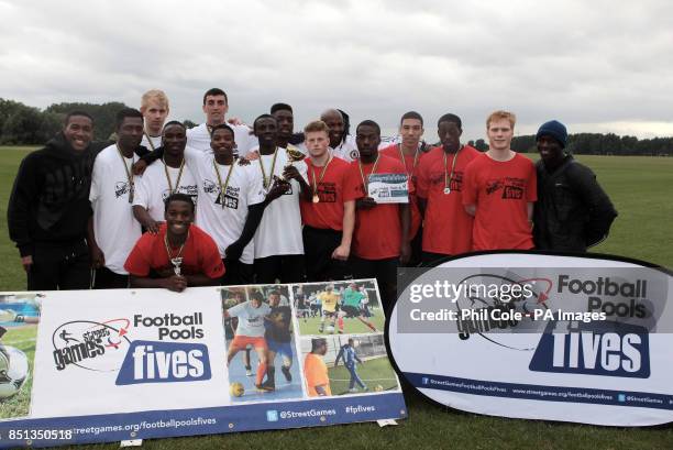 Winners and Runners up at StreetGames Football Pools Fives regional finals on London's Hackney Marshes.The programme takes football to...