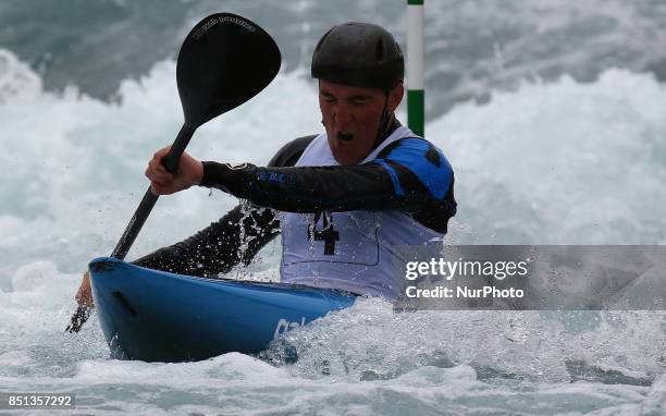 Ciaran Lee Edward sof Llandysul Paddlerscompetes in Kayak Men during the British Canoeing 2017 British Open Slalom Championships at Lee Valley White...