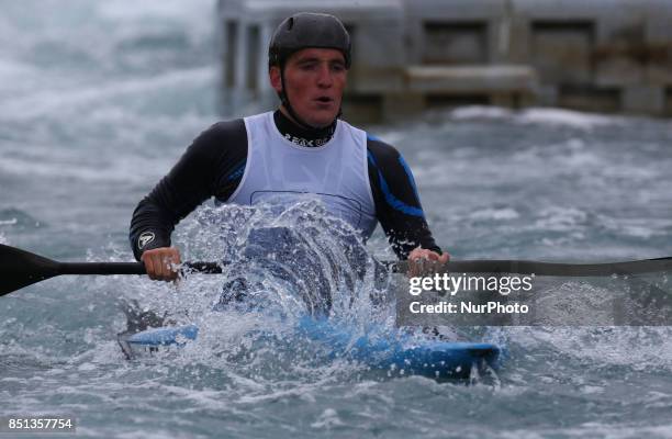 Ciaran Lee Edward sof Llandysul Paddlerscompetes in Kayak Men during the British Canoeing 2017 British Open Slalom Championships at Lee Valley White...