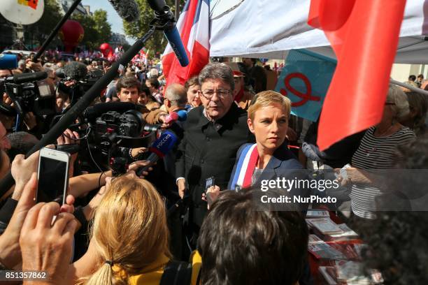 Jean Luc Melenchon , member of the national assembly addresses people at a rally in Paris, France on September 21, 2017 gathered to oppose the French...