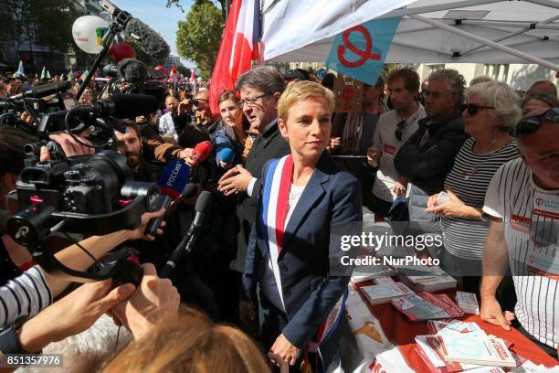 Jean Luc Melenchon , member of the national assembly addresses people at a rally in Paris, France on September 21, 2017 gathered to oppose the French...