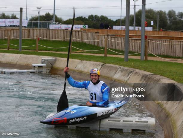 Joe Clarke of Stafford and Stone CC competes in Kayak Men during the British Canoeing 2017 British Open Slalom Championships at Lee Valley White...