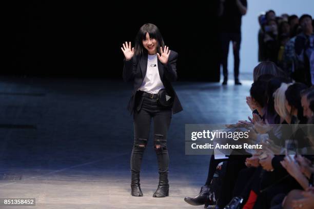 Anna Yang acknowledge the applause of the audience at the Annakiki show during Milan Fashion Week Spring/Summer 2018 on September 22, 2017 in Milan,...