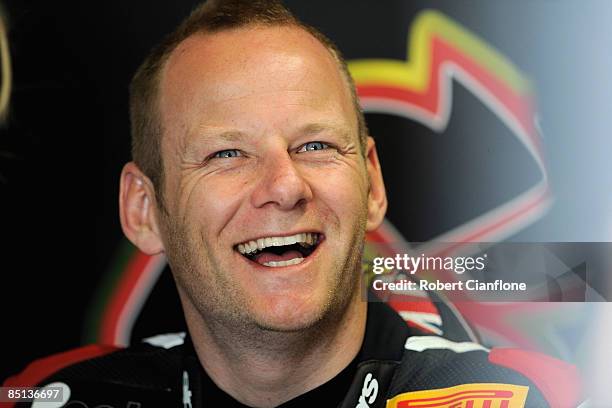 Shane Byrne of Great Britain and Team Sterilgarda sits in his pit garage prior to practice qualifying for round one of the Superbike World...