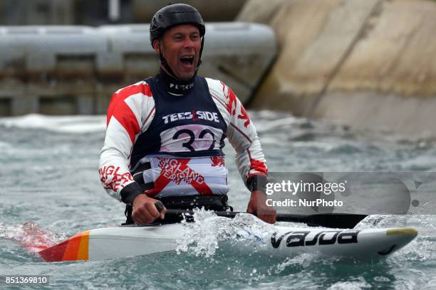 Paul Mew of Windsor and District CC competes in 2nd Run Veterans Men during the British Canoeing 2017 British Open Slalom Championships at Lee Valley...