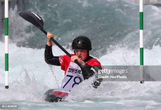 Zak Prince of Holme Pierrepont CC J18 competes in 2nd Run Kayak Men during the British Canoeing 2017 British Open Slalom Championships at Lee Valley...